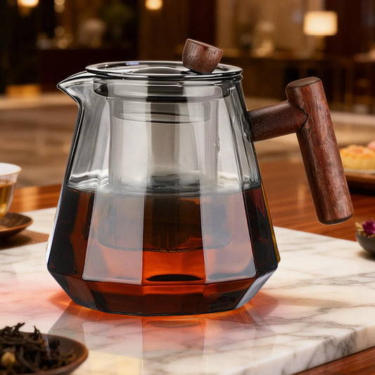 17oz/25oz Glass Teapot with Removable Infuser, Glass Tea Kettle With Wooden Handle, Stovetop Safe Glass Borosilicate Teapot