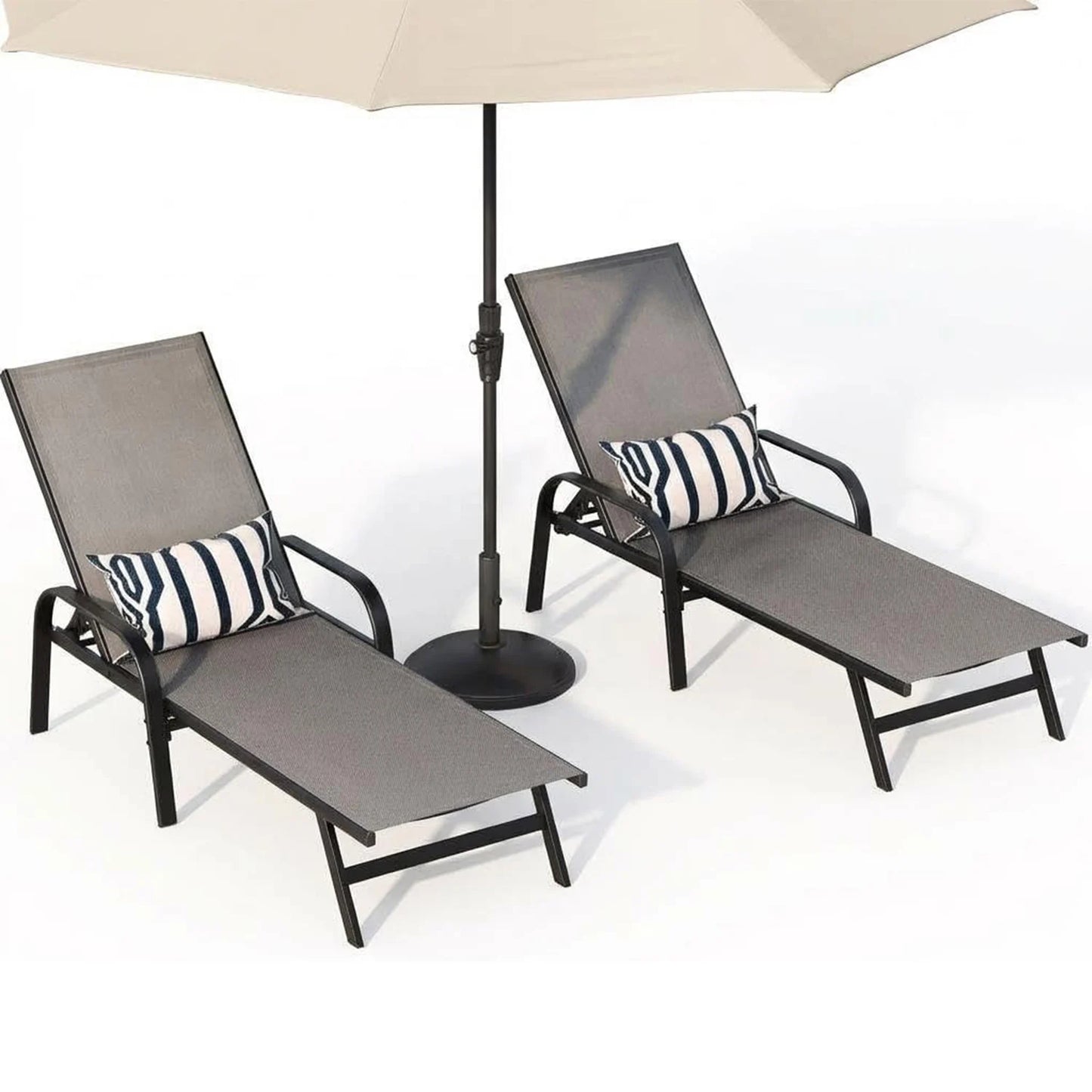 2PCS Outdoor Patio Lounge Chair 5-Position Adjustable Reclining Chaise Weather-Resistant Pool Chair For Garden Backyard