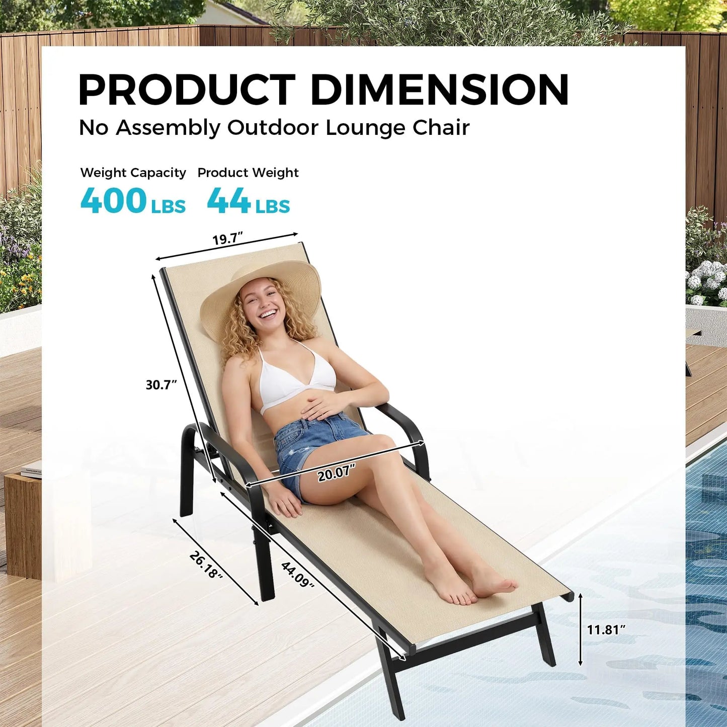 2PCS Outdoor Patio Lounge Chair 5-Position Adjustable Reclining Chaise Weather-Resistant Pool Chair For Garden Backyard