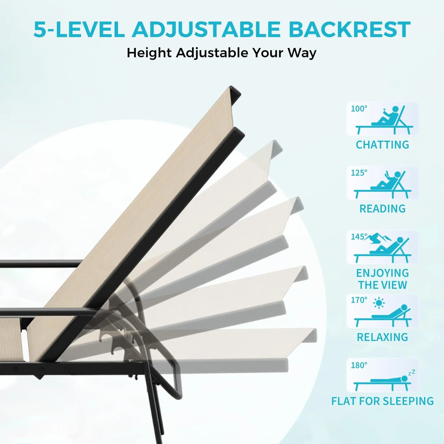 2PCS Outdoor Patio Lounge Chair 5-Position Adjustable Reclining Chaise Weather-Resistant Pool Chair For Garden Backyard