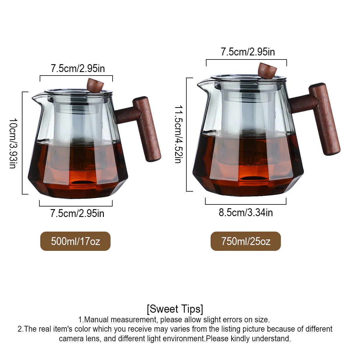 17oz/25oz Glass Teapot with Removable Infuser, Glass Tea Kettle With Wooden Handle, Stovetop Safe Glass Borosilicate Teapot