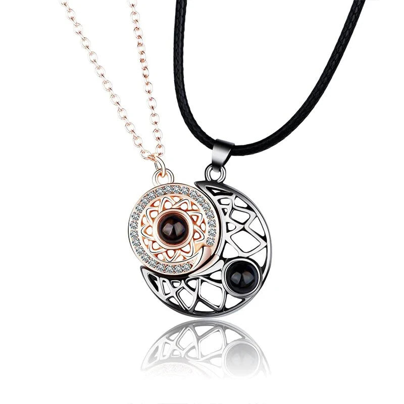 Sun and Moon Projection Necklace I Love You In 100 Languages Magnetic Necklace Heart-shaped Cutout Couple Necklace Gift
