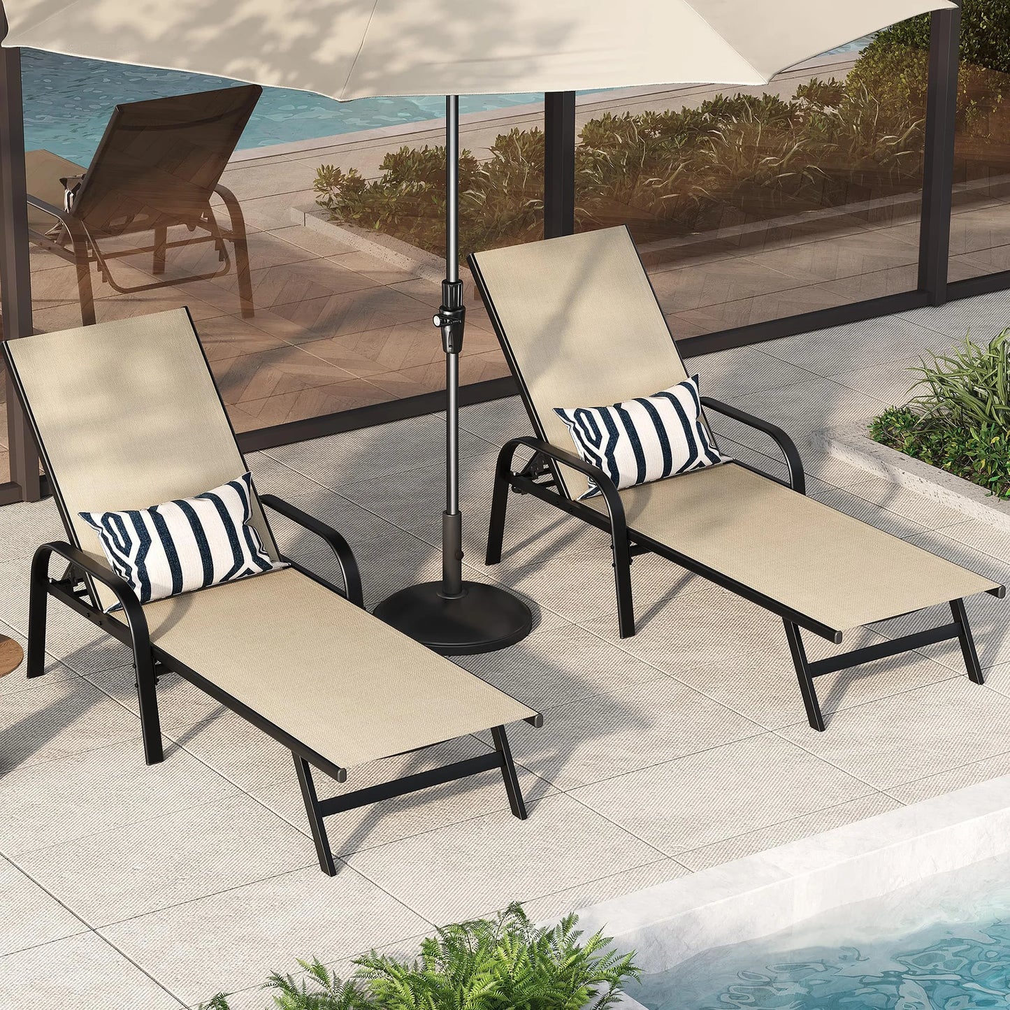 2PCS Outdoor Patio Lounge Chair 5-Position Adjustable Reclining Chaise Weather-Resistant Pool Chair For Garden Backyard