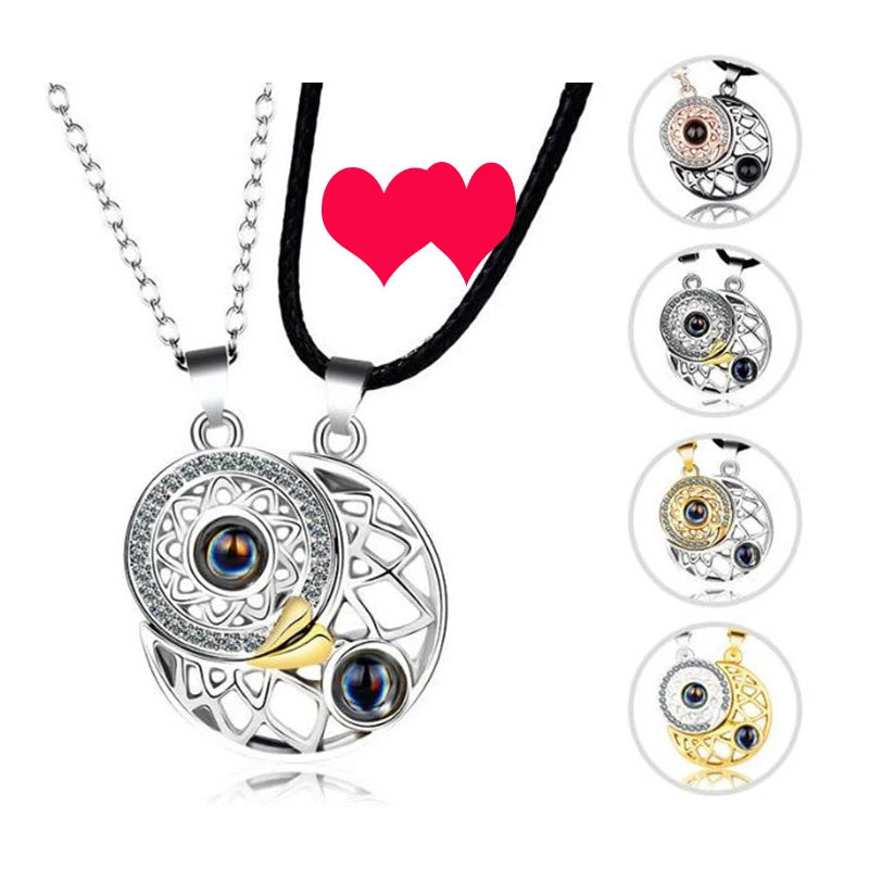 Sun and Moon Projection Necklace I Love You In 100 Languages Magnetic Necklace Heart-shaped Cutout Couple Necklace Gift