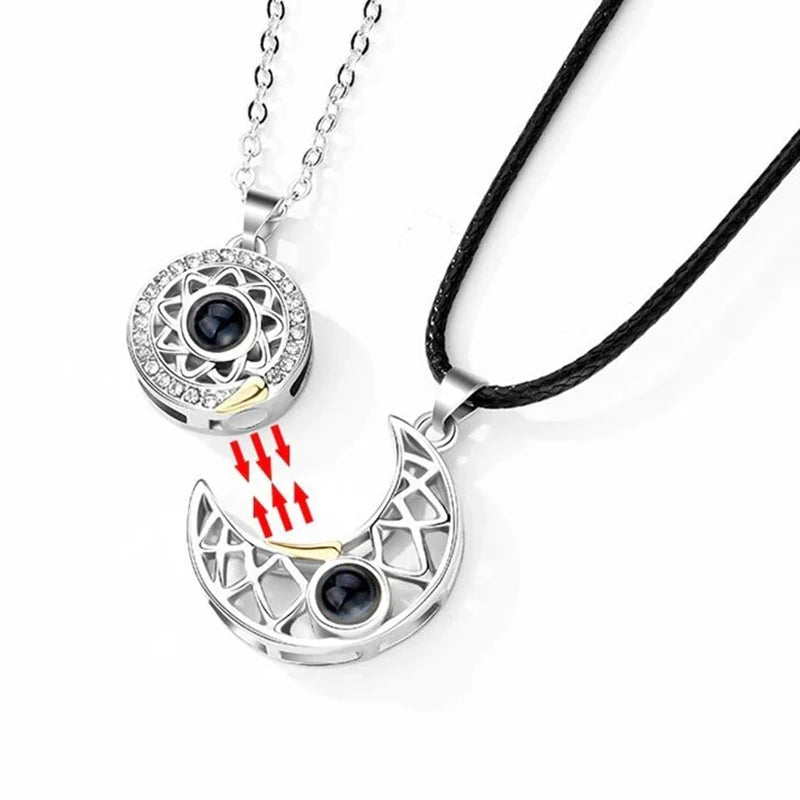 Sun and Moon Projection Necklace I Love You In 100 Languages Magnetic Necklace Heart-shaped Cutout Couple Necklace Gift