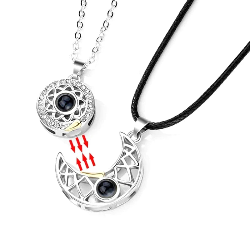 Sun and Moon Projection Necklace I Love You In 100 Languages Magnetic Necklace Heart-shaped Cutout Couple Necklace Gift
