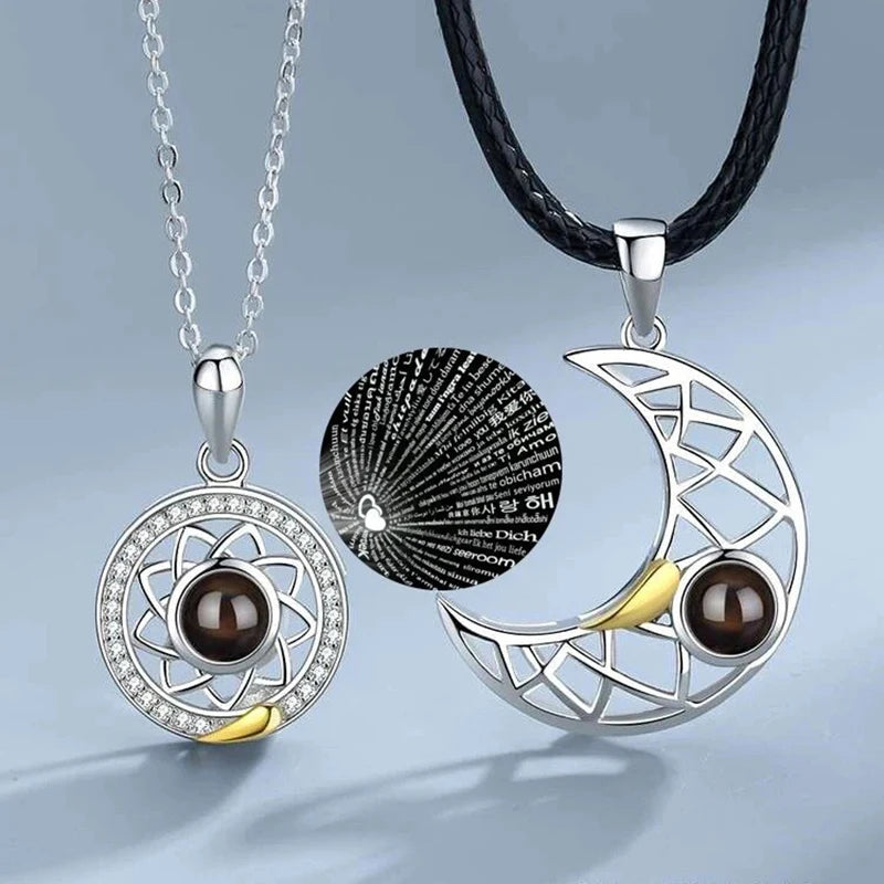 Sun and Moon Projection Necklace I Love You In 100 Languages Magnetic Necklace Heart-shaped Cutout Couple Necklace Gift