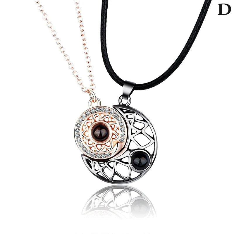 Sun and Moon Projection Necklace I Love You In 100 Languages Magnetic Necklace Heart-shaped Cutout Couple Necklace Gift