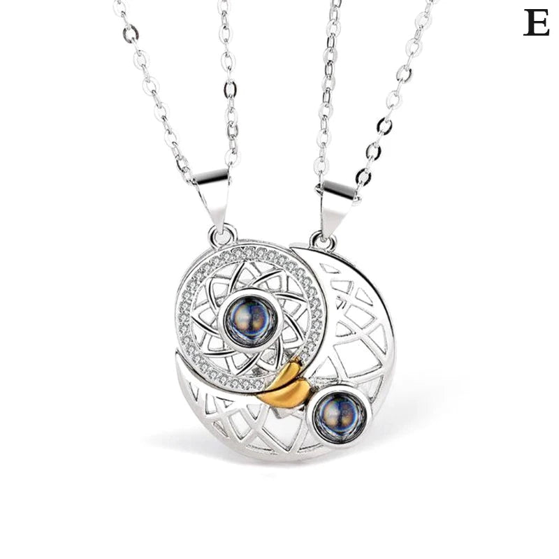 Sun and Moon Projection Necklace I Love You In 100 Languages Magnetic Necklace Heart-shaped Cutout Couple Necklace Gift
