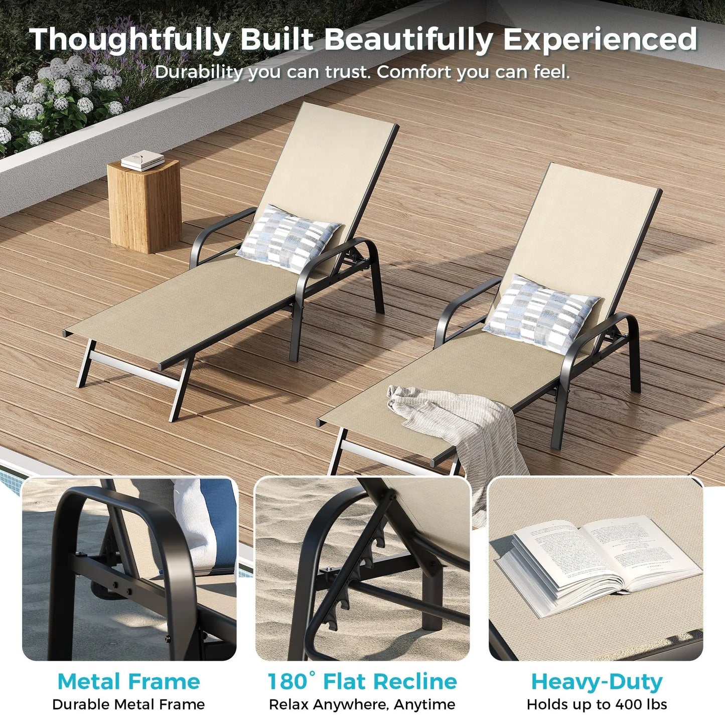2PCS Outdoor Patio Lounge Chair 5-Position Adjustable Reclining Chaise Weather-Resistant Pool Chair For Garden Backyard