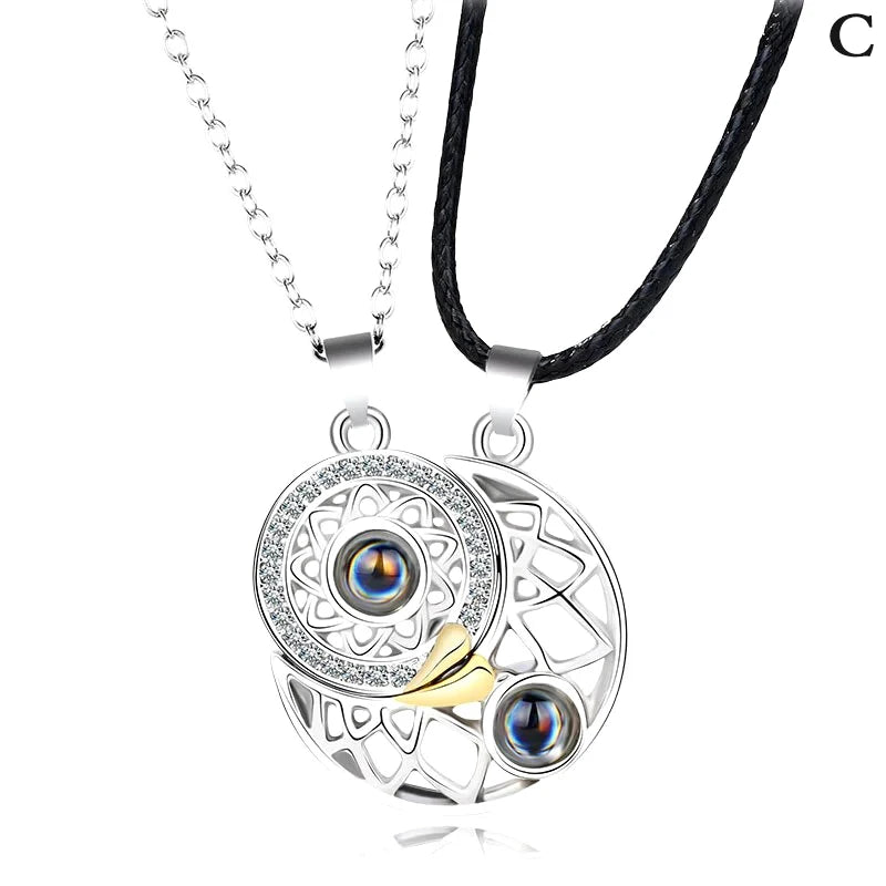 Sun and Moon Projection Necklace I Love You In 100 Languages Magnetic Necklace Heart-shaped Cutout Couple Necklace Gift