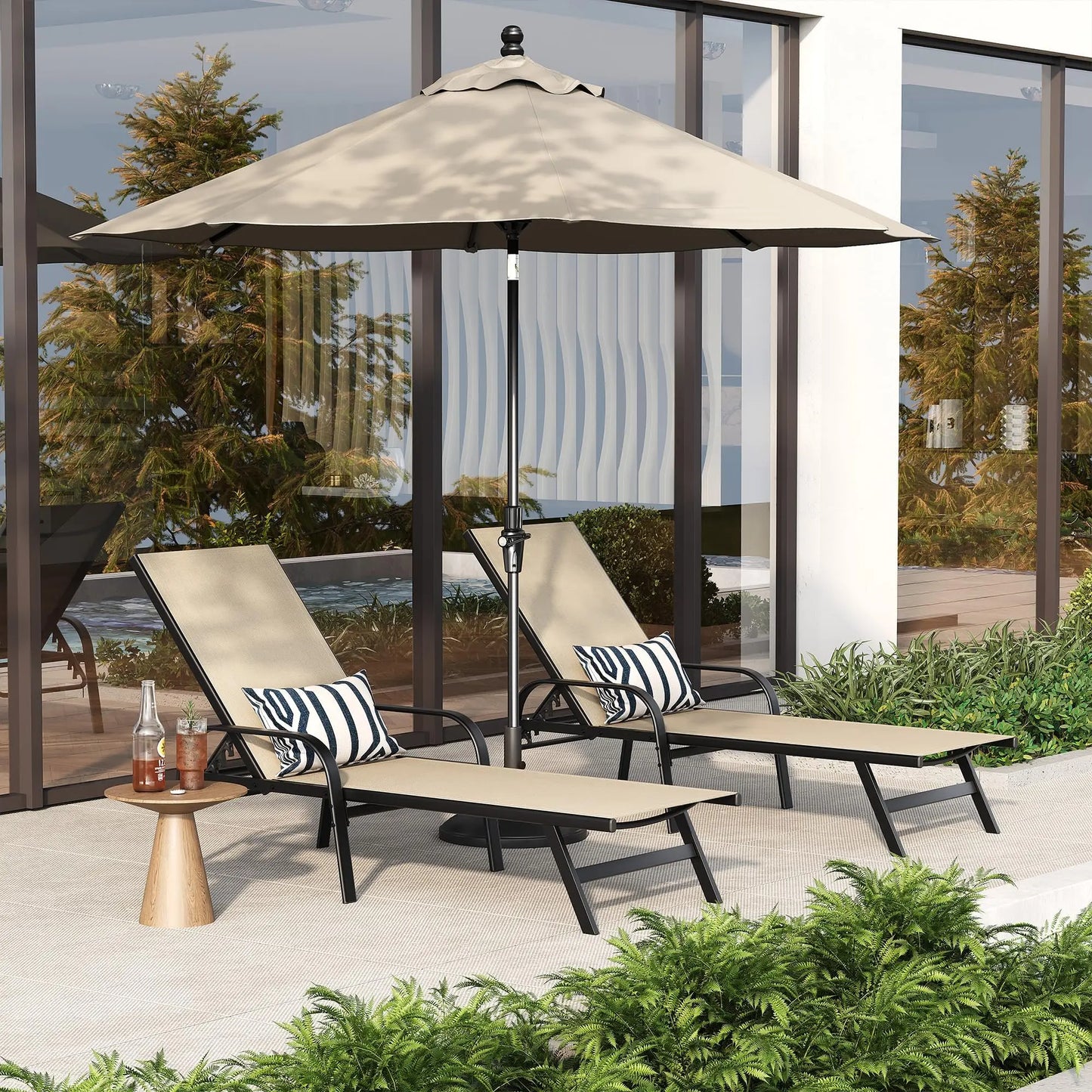 2PCS Outdoor Patio Lounge Chair 5-Position Adjustable Reclining Chaise Weather-Resistant Pool Chair For Garden Backyard